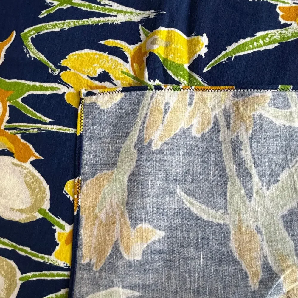 Hand Sewn Fabric Tablecloth navy blue yellow white flowers irises tulips square